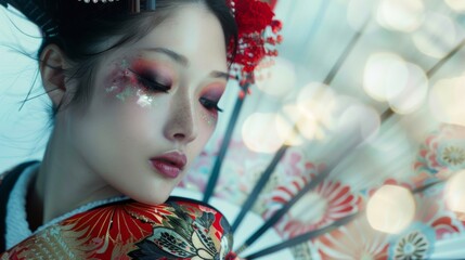 Japanese woman in a traditional kimono on blue background. Female in asian clothes. 