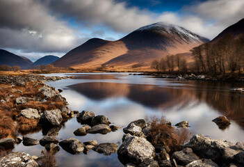 Nature's beauty on display at Loch Etive near Glen Etive, Scotland - a lake embraced by mountains and rocks