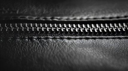 Close-up of black leather zipper with metal pull tab and smooth sheen on isolated black background - obrazy, fototapety, plakaty