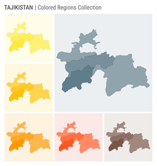 Tajikistan map collection. Country shape with colored regions. Blue Grey, Yellow, Amber, Orange, Deep Orange, Brown color palettes. Border of Tajikistan with provinces for your infographic.