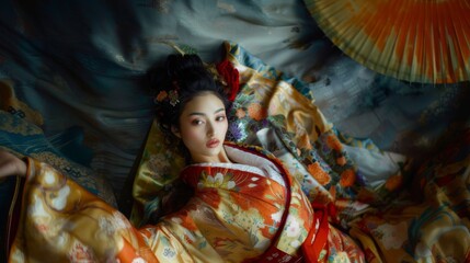 Japanese woman in a traditional kimono on textile background. Female in asian clothes. 