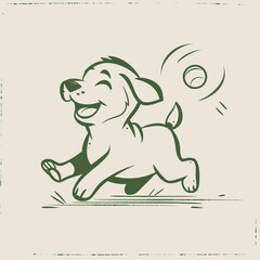   Drawing of a dog running with a tennis ball and racket in its mouths