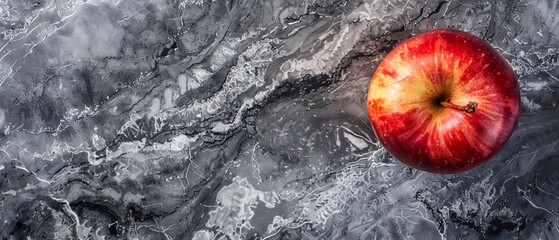   Red apple on black-and-white marble counter with a bitten red apple