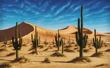 A realistic depiction of a desert landscape, with vast sand dunes, scattered cacti