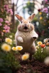 Playful easter bunny running and jumping in garden with vibrant flowers