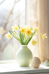 Spring flowers in vase in day sun light
