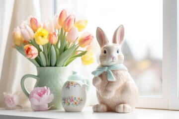 Vintage ceramic Easter bunny with pastel tulips on sill
