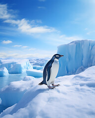 Obraz premium Penguins walking on a vast snow glacier under the hot sun