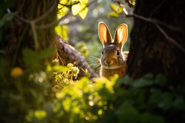 Curious wild rabbit peeking in sun-drenched woodland