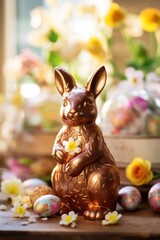 Chocolate Easter bunny with flowers and eggs on rustic table