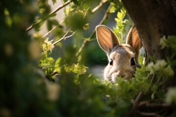 Cute bunny hiding behind tree in bright forest setting