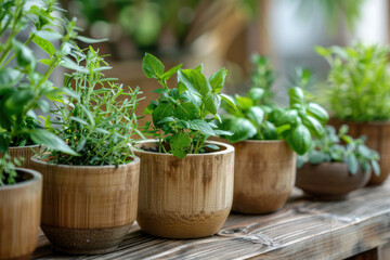 Row of Potted Plants on Wooden Table