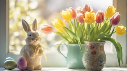 Charming ceramic bunny and tulips basking in window light