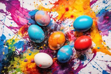 Abstract Easter eggs amidst colorful paint splashes and drops