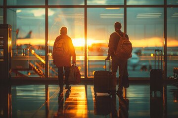 Travelers Silhouetted in Airport at Sunrise. - obrazy, fototapety, plakaty