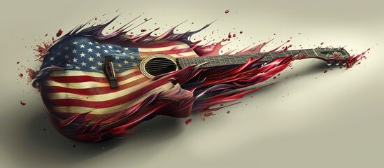 A flag flowing from a guitar, music as an expression of patriotism 🎸🇺🇸. Vibrant colors unfurl with fluid motion, symbolizing the unity and power of melodies.
