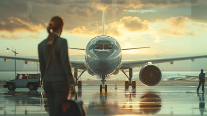 Commercial Jet at Airport Terminal Dawn. - obrazy, fototapety, plakaty
