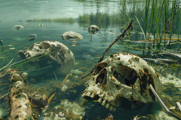 Submerged Animal Skulls in Murky Water.