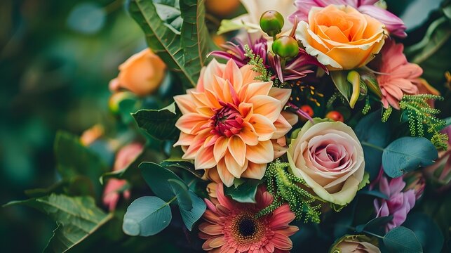 Captured in Vibrant Bouquet: Roses and Dahlias in a Festive Array of Hues