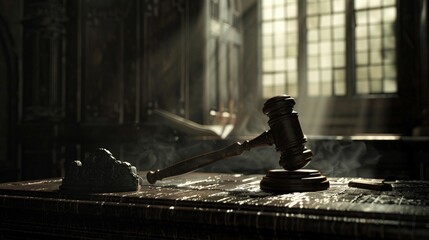 A gavel lies in wait silent arbiter of fate in a lawyers solemn sanctuary