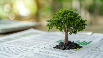 Analyst charts sustainable growth miniature trees sprouting from financial reports - obrazy, fototapety, plakaty