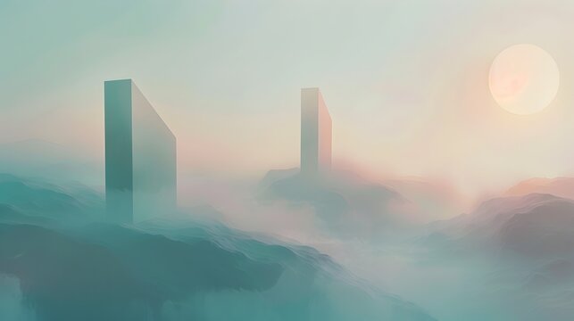 Ethereal Abstract Landscape with Floating Geometric Shapes in Dreamy Haze