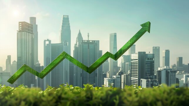 City skyline with ascending green arrow depicting ecoeconomic growth