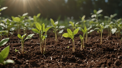 young plants sprouting in soil, basking in the sunlight. It’s a symbol of growth and new beginnings in agriculture or gardening. The rich, dark soil suggests a healthy environment for plant growth