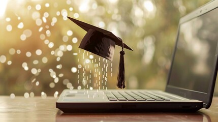 Digital mortarboard hovers above laptop a symbol of online educations frontier