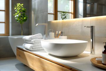 Fototapeta premium Modern Bathroom Interior with Sunlit Plant.