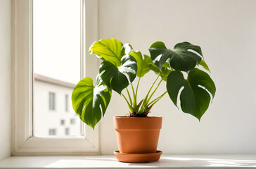 Philodendron in a pot side the window.