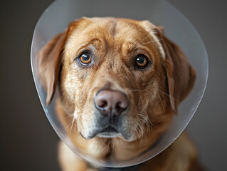 Dog wearing a vet cone collar - obrazy, fototapety, plakaty