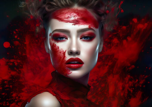 A woman with dramatic red make-up is depicted against a bright crimson background, with dynamic splashes of colour that seem to blend with her presence. AI generated.