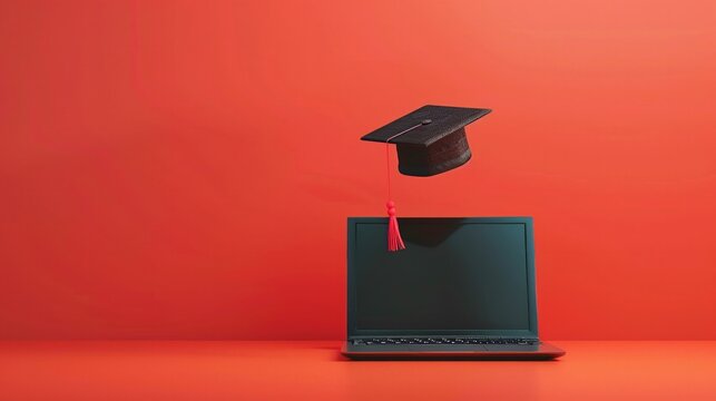 Digital mortarboard hovers above laptop a symbol of online educations frontier