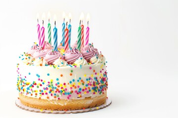 Birthday cake with candles isolated on a white background with copy space.