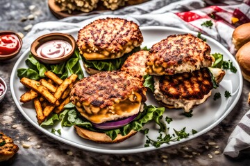 three turkey burger sliders with fries shot from over head in flat lay composition 