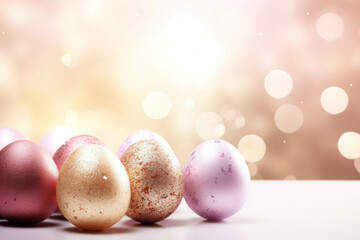 Assorted Easter eggs with soft bokeh light backdrop