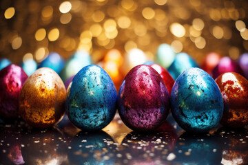 Shiny easter eggs on festive bokeh background