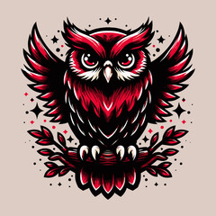 Vivid red and black owl perched atop a tree, a striking image for nature enthusiasts