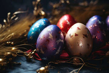 Blue easter eggs in nest on festive background