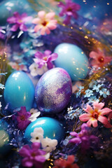 Sparkling easter eggs among purple flowers with dreamy bokeh