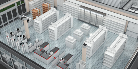 Retail floor plan mockup with empty shelves. 3d illustration - obrazy, fototapety, plakaty