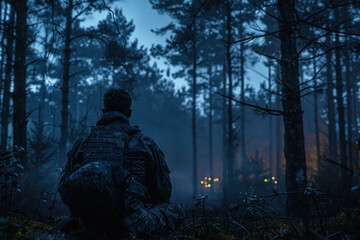 Soldier Contemplating in a Misty Forest at Night.