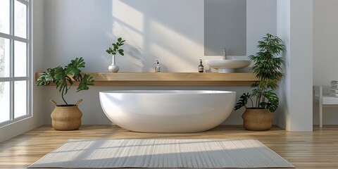 Sleek minimalist bathroom design with natural wood and white elements