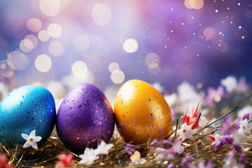 Easter eggs with golden shimmer among spring flowers