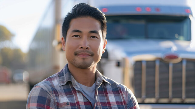 Asian Male Truck Driver Standing In Front Of His Semi-truck
