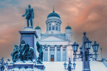 Statue of Alexander II, emperor of Russia, in front of Helsinki Lutheran Cathedral.