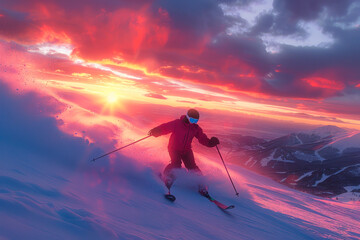 Skier Descending at Sunset in Snowy Mountains. - obrazy, fototapety, plakaty