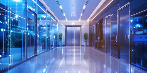 smart office interior, smart bussiness coridor, frontal blue floor, 3D rendring of two metal door,...