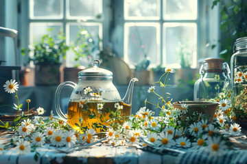 Herbal Tea and Chamomile on Wooden Table. - obrazy, fototapety, plakaty